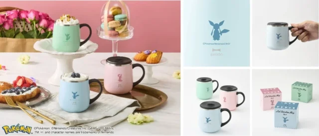 イーブイフレンズ 蓋つきステンレスマグshortの3色と使用イメージ