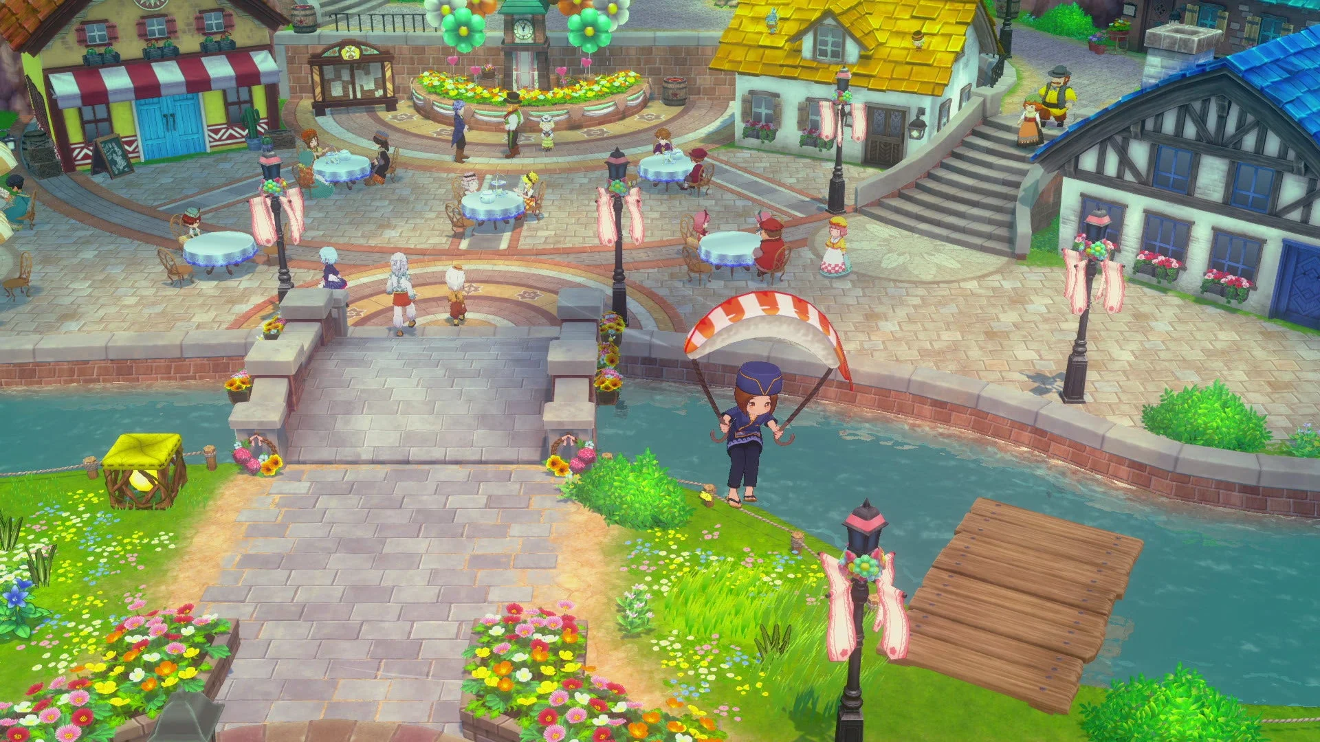 新衣装「すし屋コーデ」と「おすしグライダー」でバザールを滑空するゲーム画面