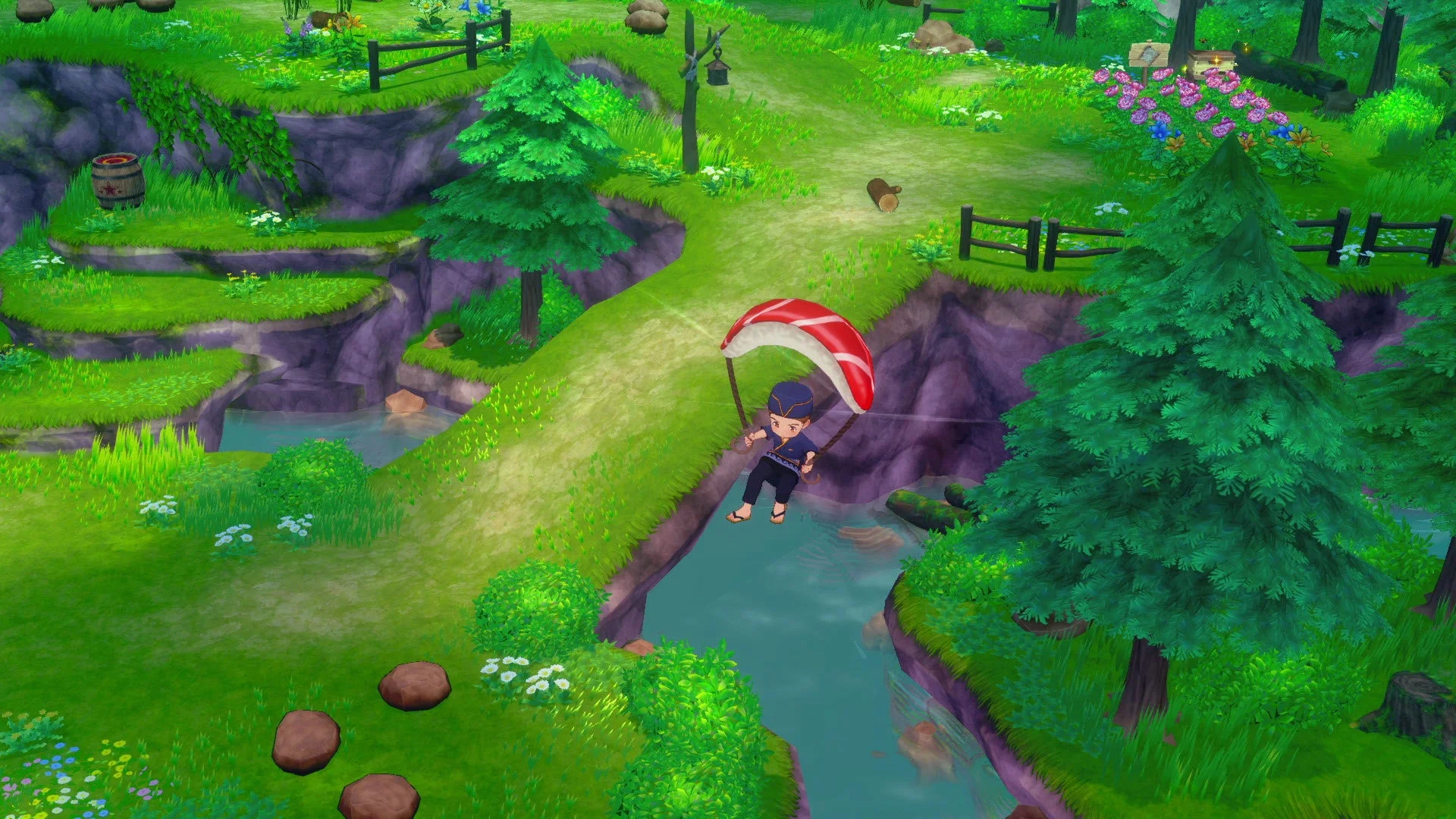 新衣装「すし屋コーデ」と「おすしグライダー」で自然の中を滑空するゲーム画面