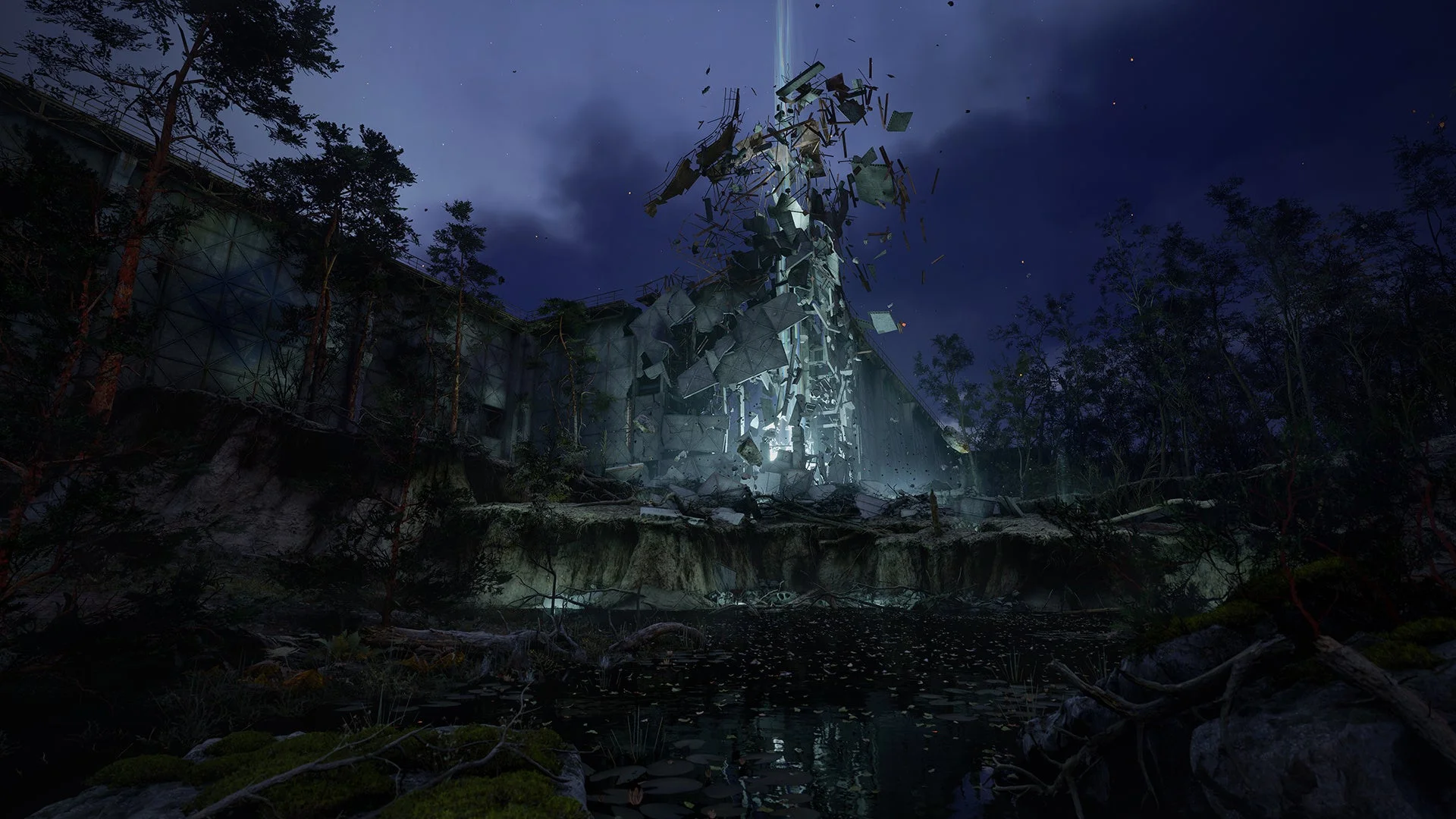 崩壊した建物の奥に光の柱が立つアノマリー現象