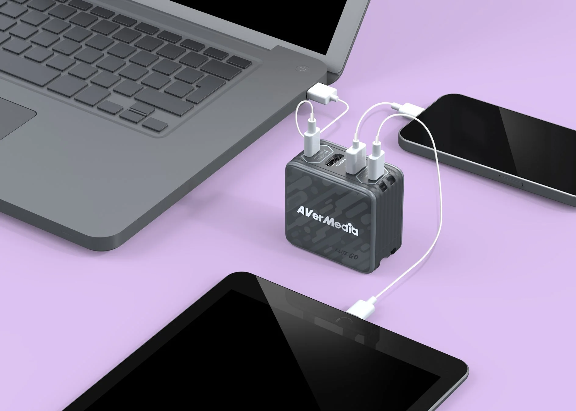 AVerMediaキャプチャーデバイスでノートPC、タブレット、スマホを接続する様子