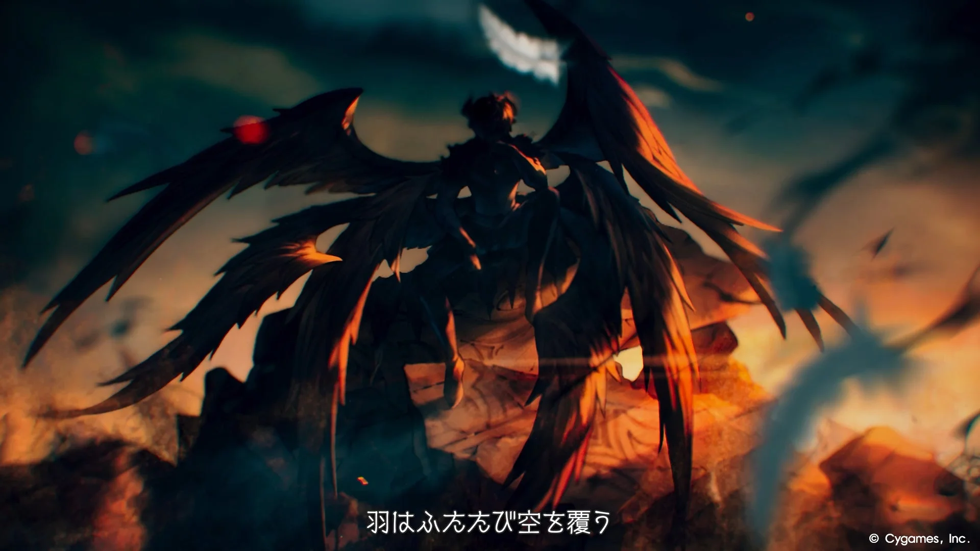 暗闇の中で翼を広げる謎のキャラクターのシルエット