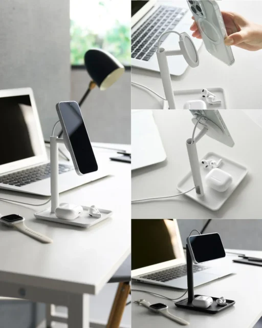 山崎実業のマグネット式ワイヤレス充電対応スマートフォンスタンド。使用イメージ