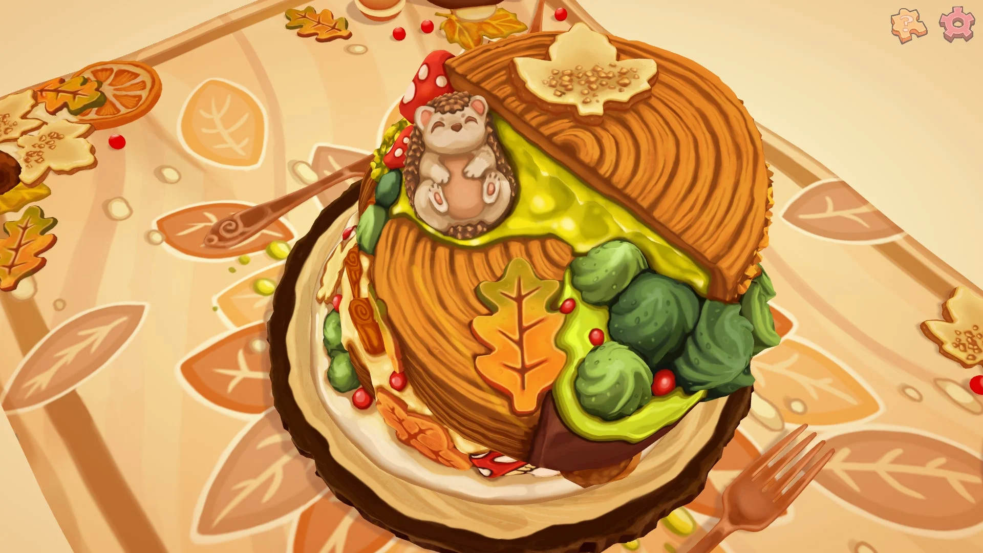秋の食材とハリネズミがモチーフのジオラマパズル画面