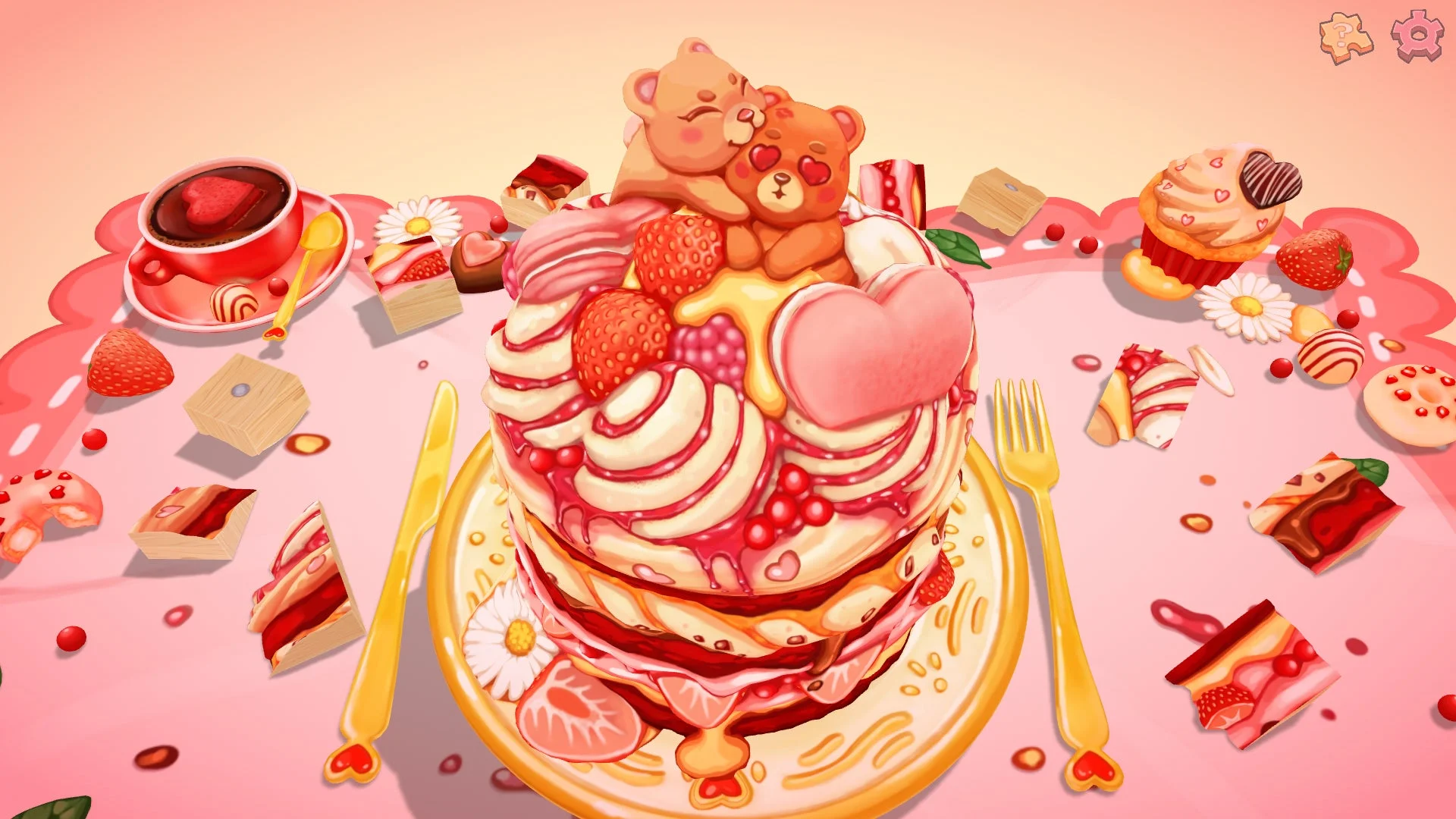 クマのキャラクターとイチゴケーキがモチーフのジオラマパズル画面