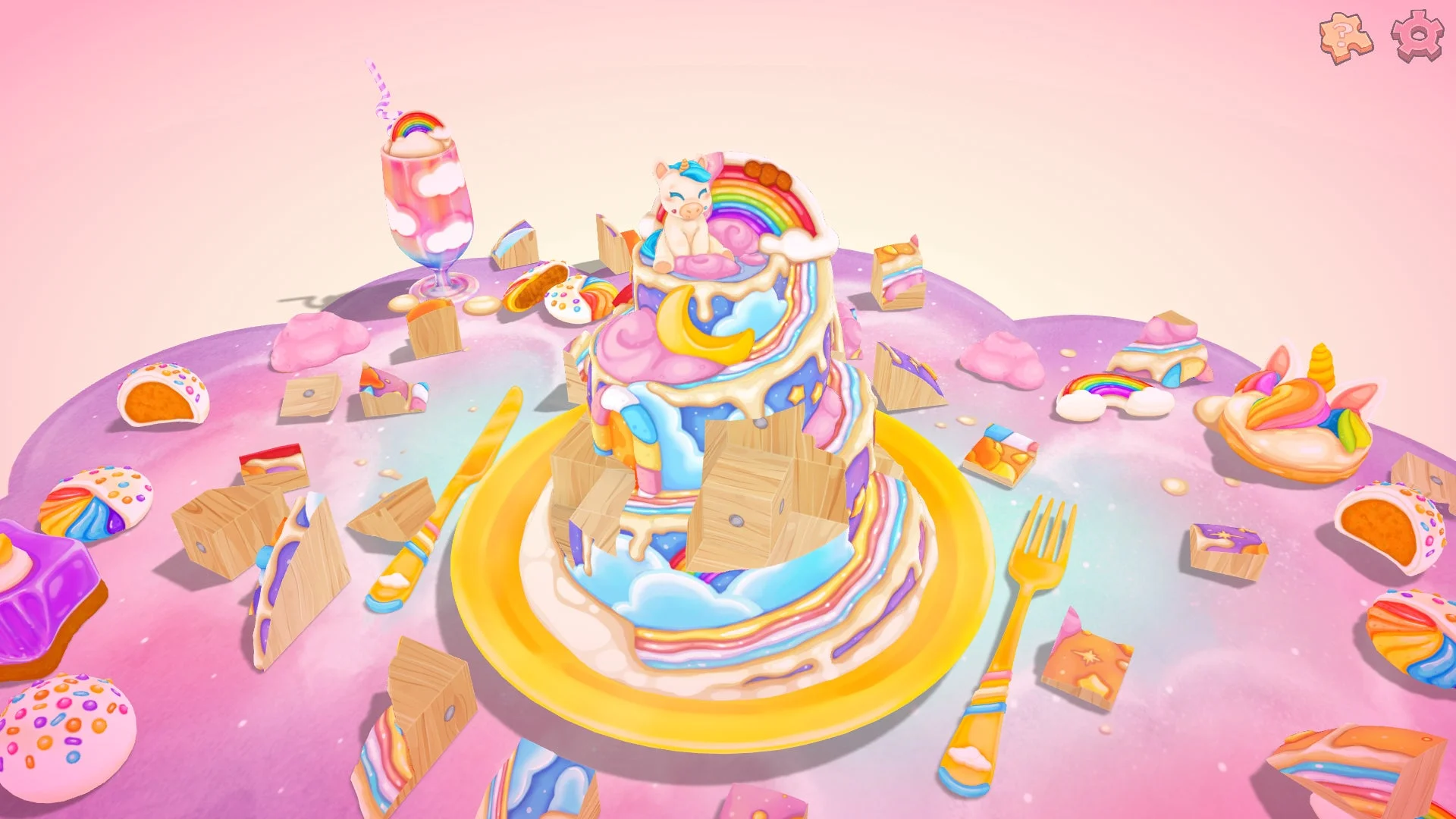 ユニコーンと虹色のケーキがモチーフのジオラマパズル画面