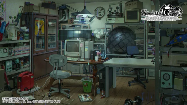 『STEINS;GATE RE:BOOT』でガジェットが並ぶ研究室の背景グラフィック