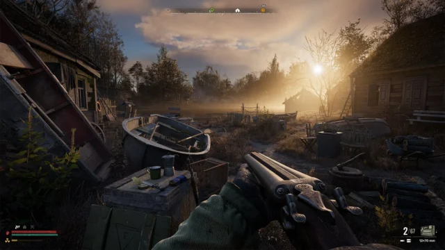 ゾーンの集落でダブルバレルショットガンを構えるゲームプレイ画面