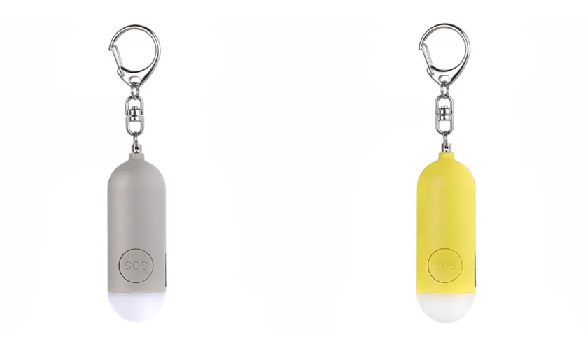 iPhoneの「探す」で居場所がわかる防犯ブザーの本体(グレーとイエロー)