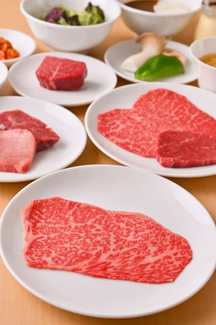 霜降りの美しい和牛の焼肉盛り合わせ