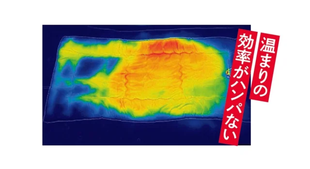 ドウシシャ 布団乾燥機のサーモグラフィ画像「布団全体をムラなく温める」