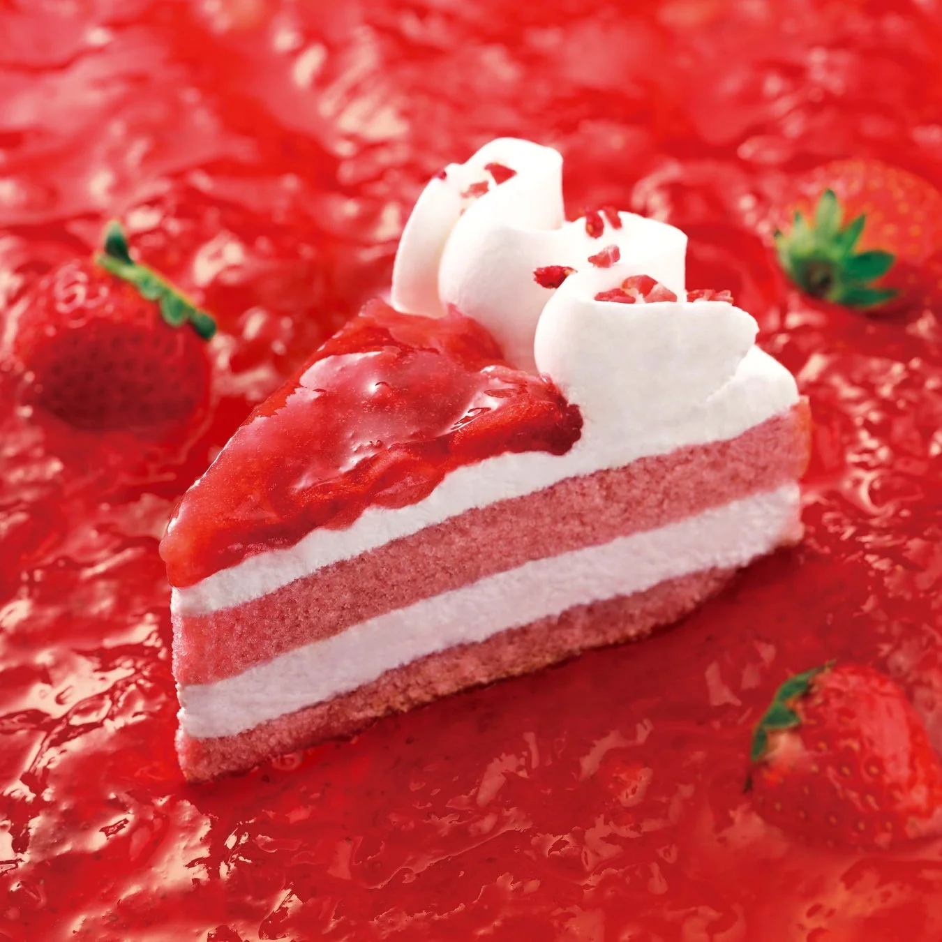 苺のソースに囲まれたストロベリーショートケーキ