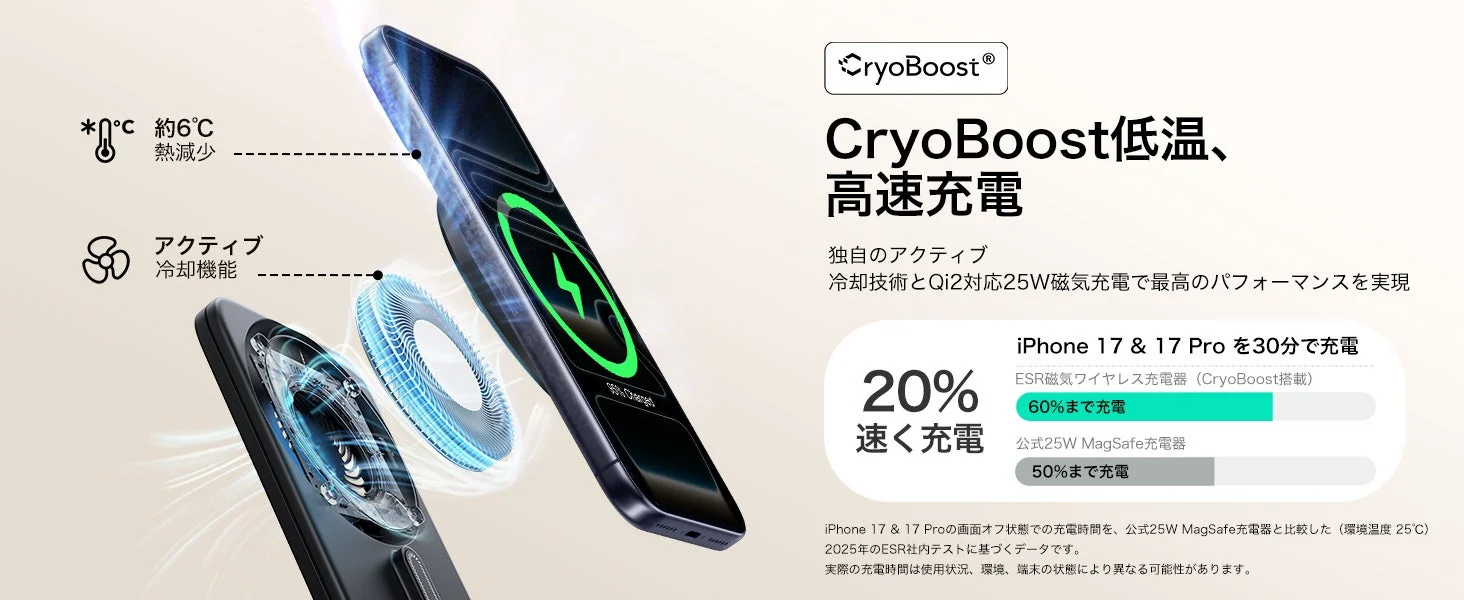 ESR CryoBoost独自の冷却技術とiPhoneの高速充電性能
