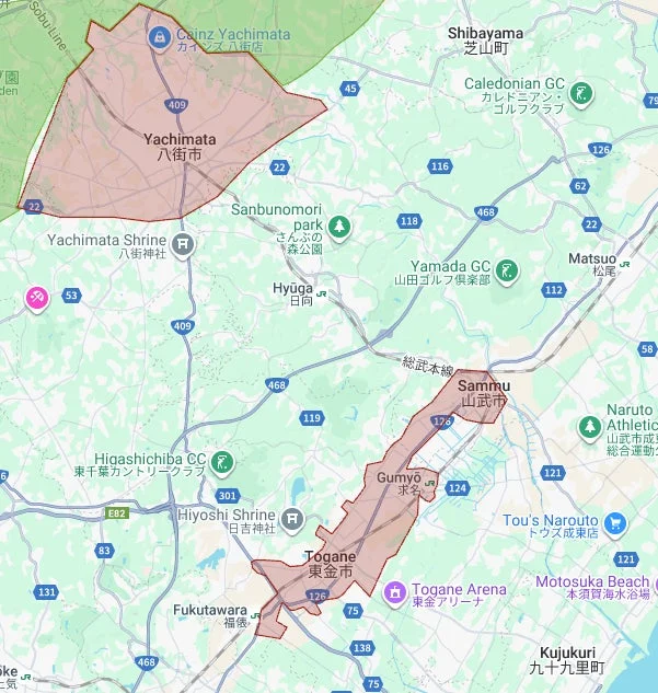 千葉県八街市、東金市、山武市のUber Eats新規サービスエリア地図