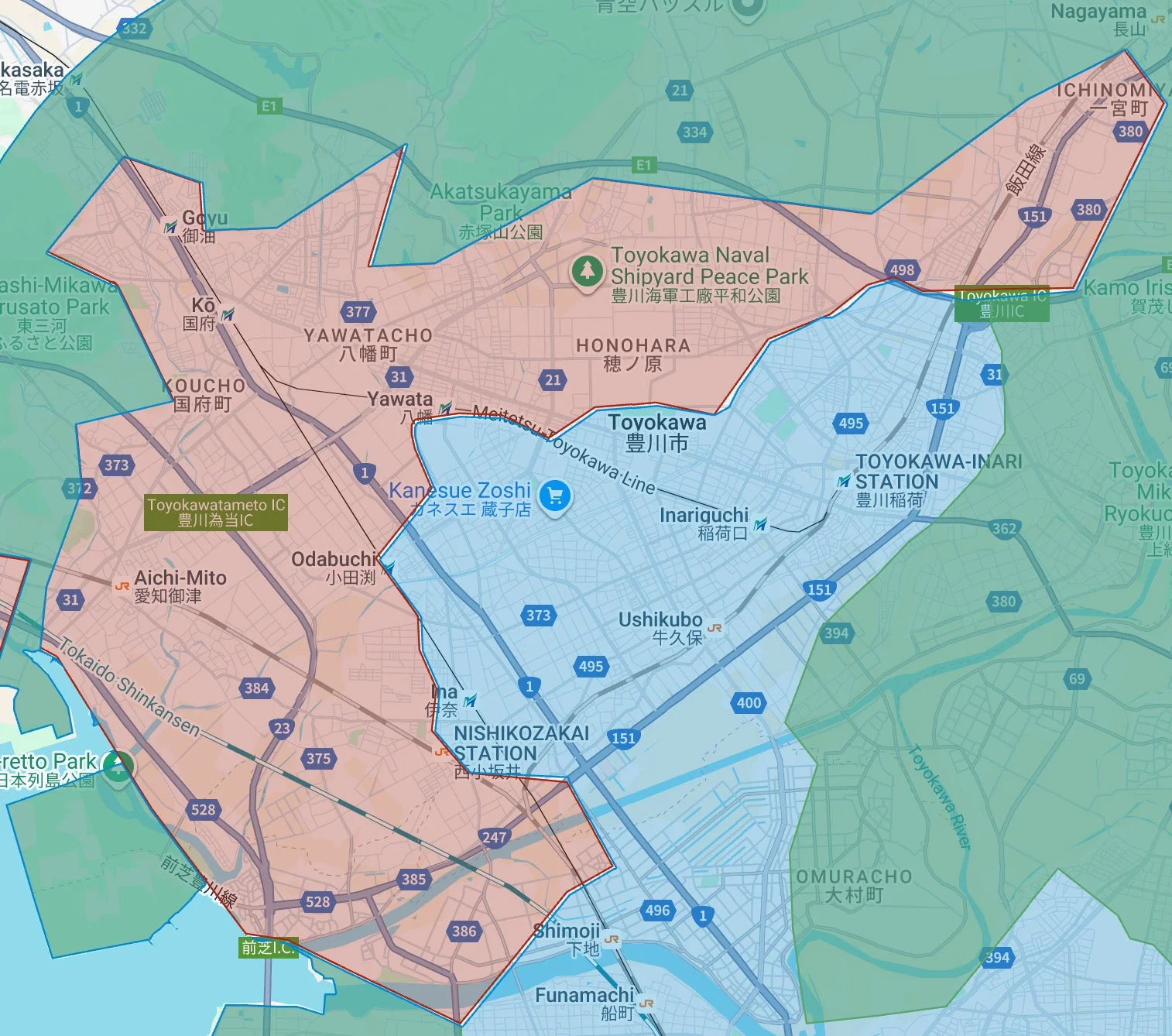 愛知県豊川市(豊橋市含む)のUber Eatsサービス拡大エリア地図