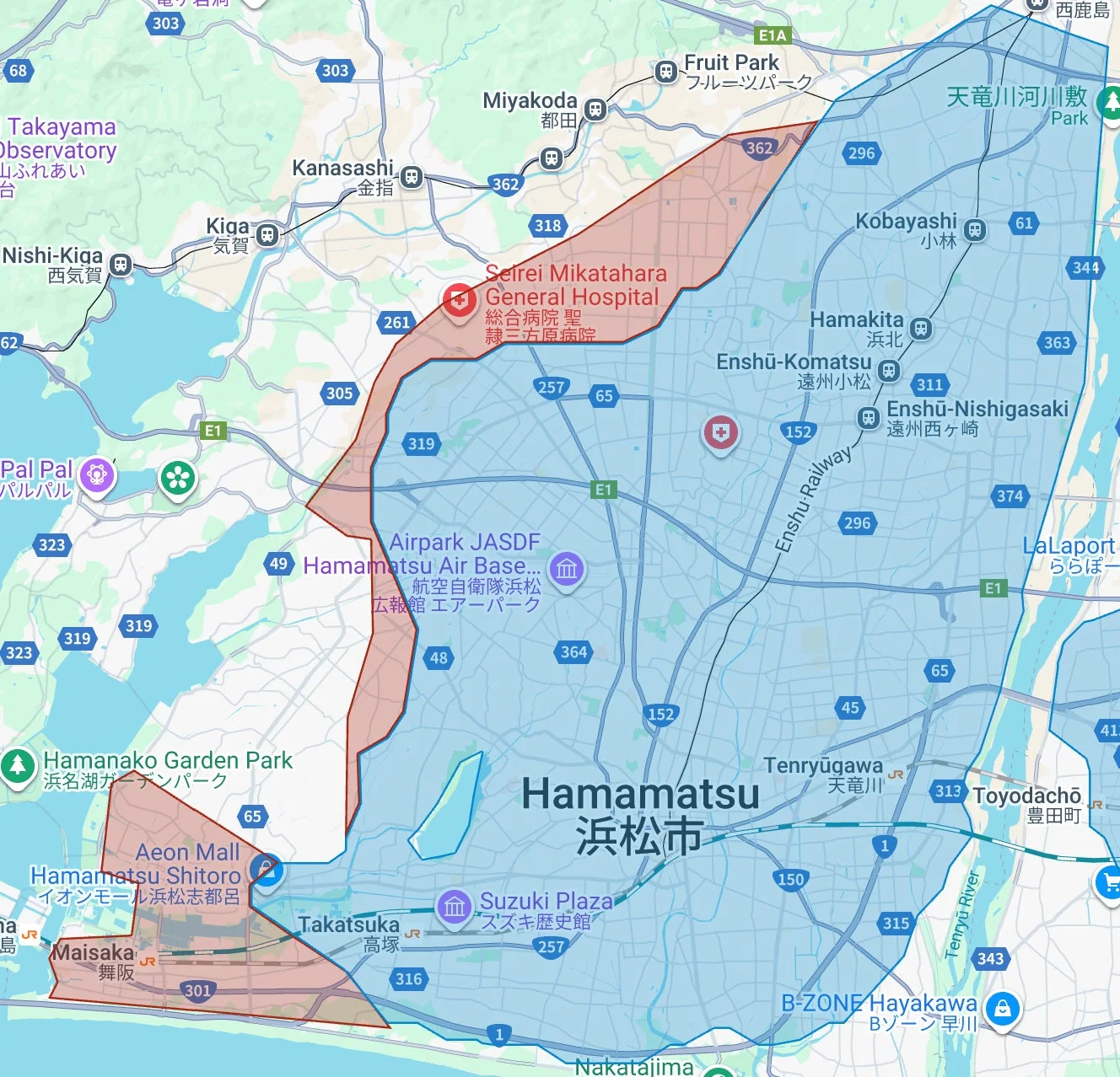 静岡県浜松市のUber Eatsサービス拡大エリア地図