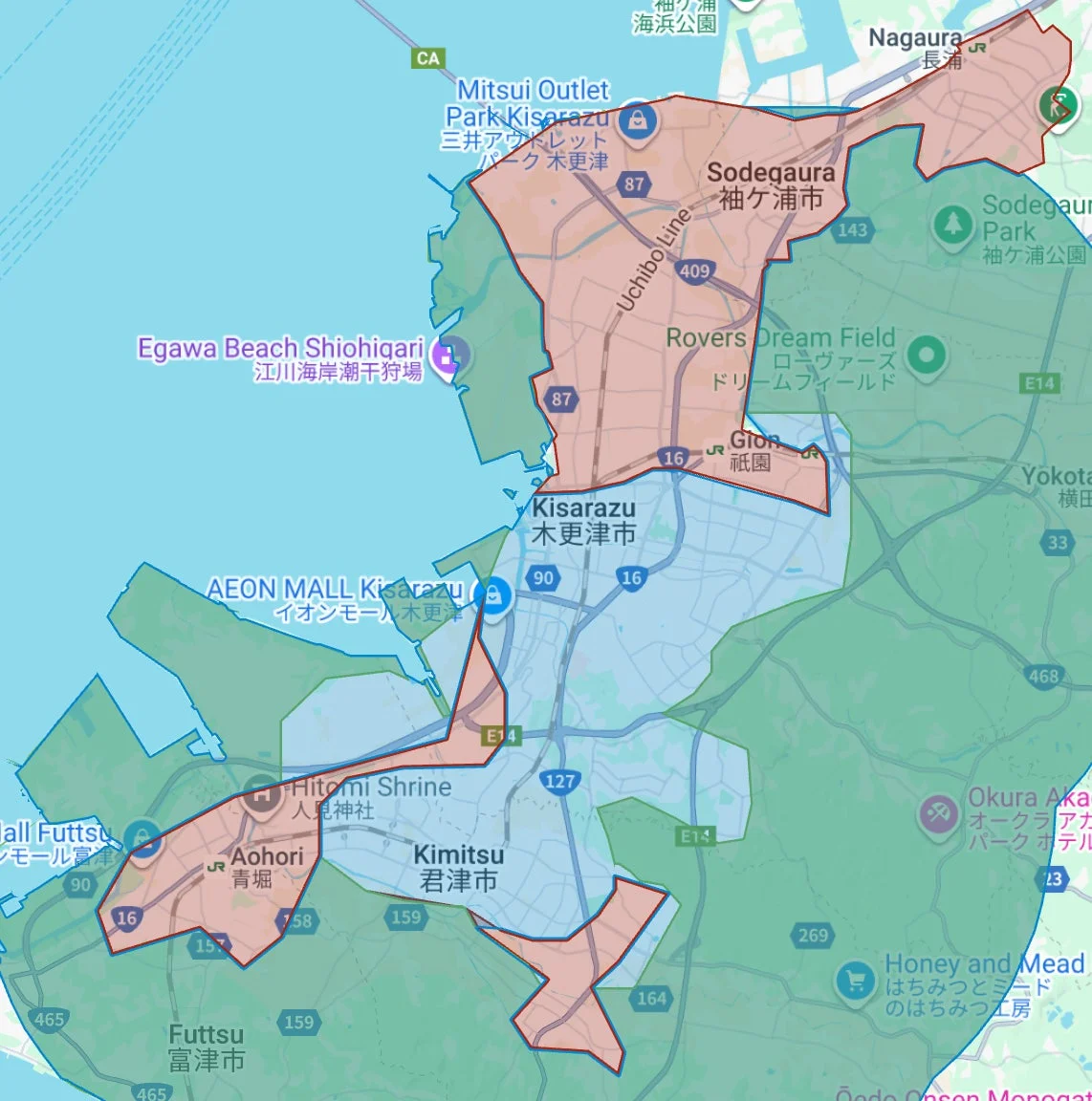 千葉県袖ケ浦市、木更津市、君津市のUber Eatsサービス拡大エリア地図