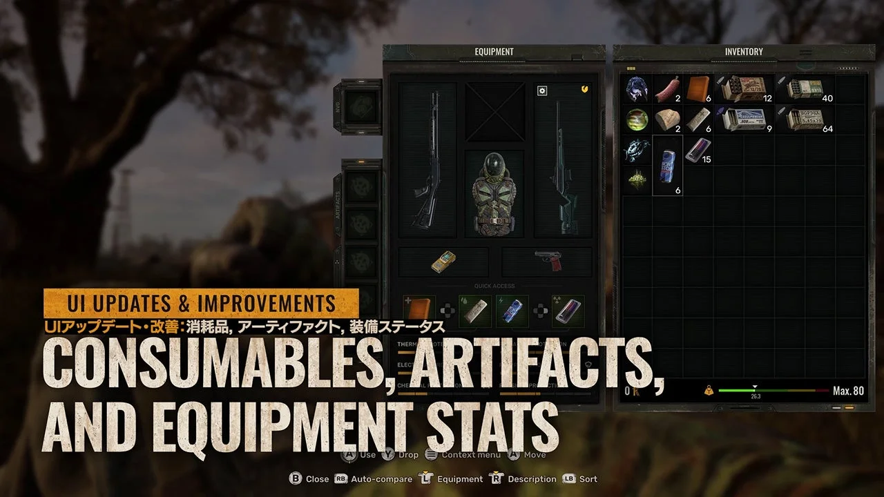 UIが改善されたインベントリ画面。消耗品や装備品の詳細を表示