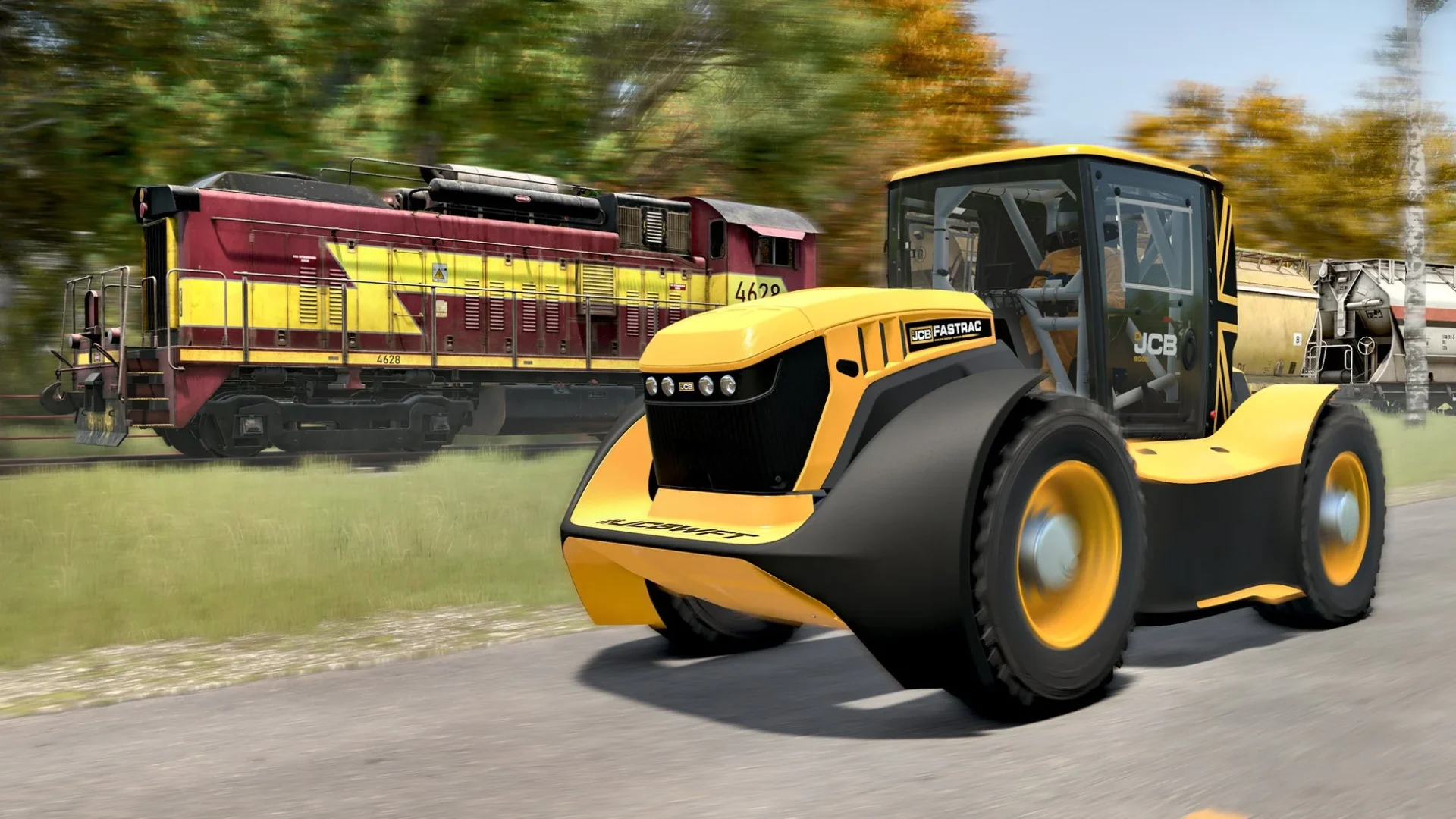 JCB WFTトラクターと列車が並走する迫力あるゲーム画面