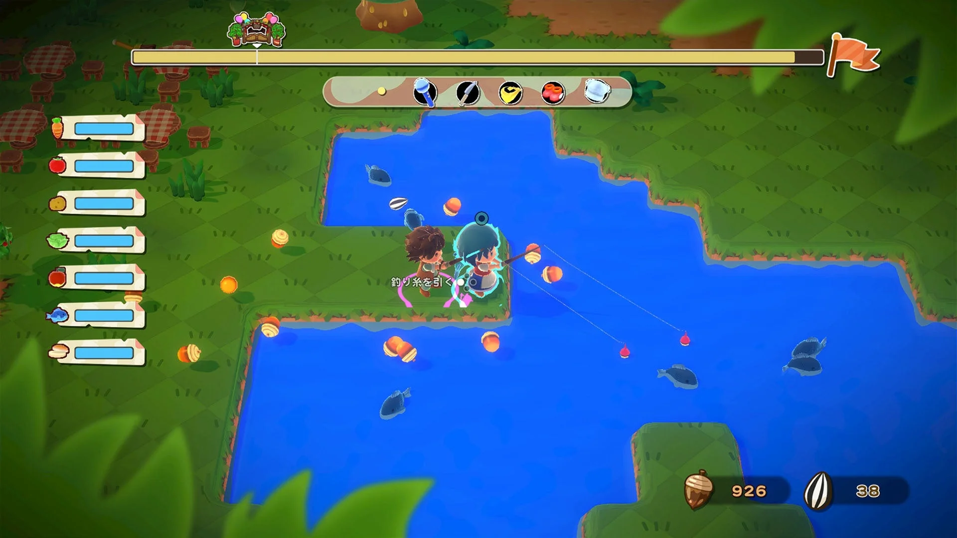 魚を釣って食材を調達するゲームプレイ画面