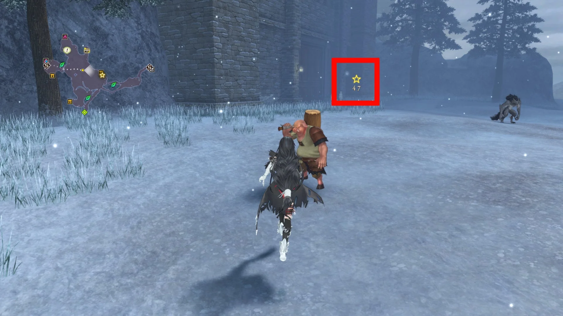 目的地アイコンが表示された雪原のゲーム画面