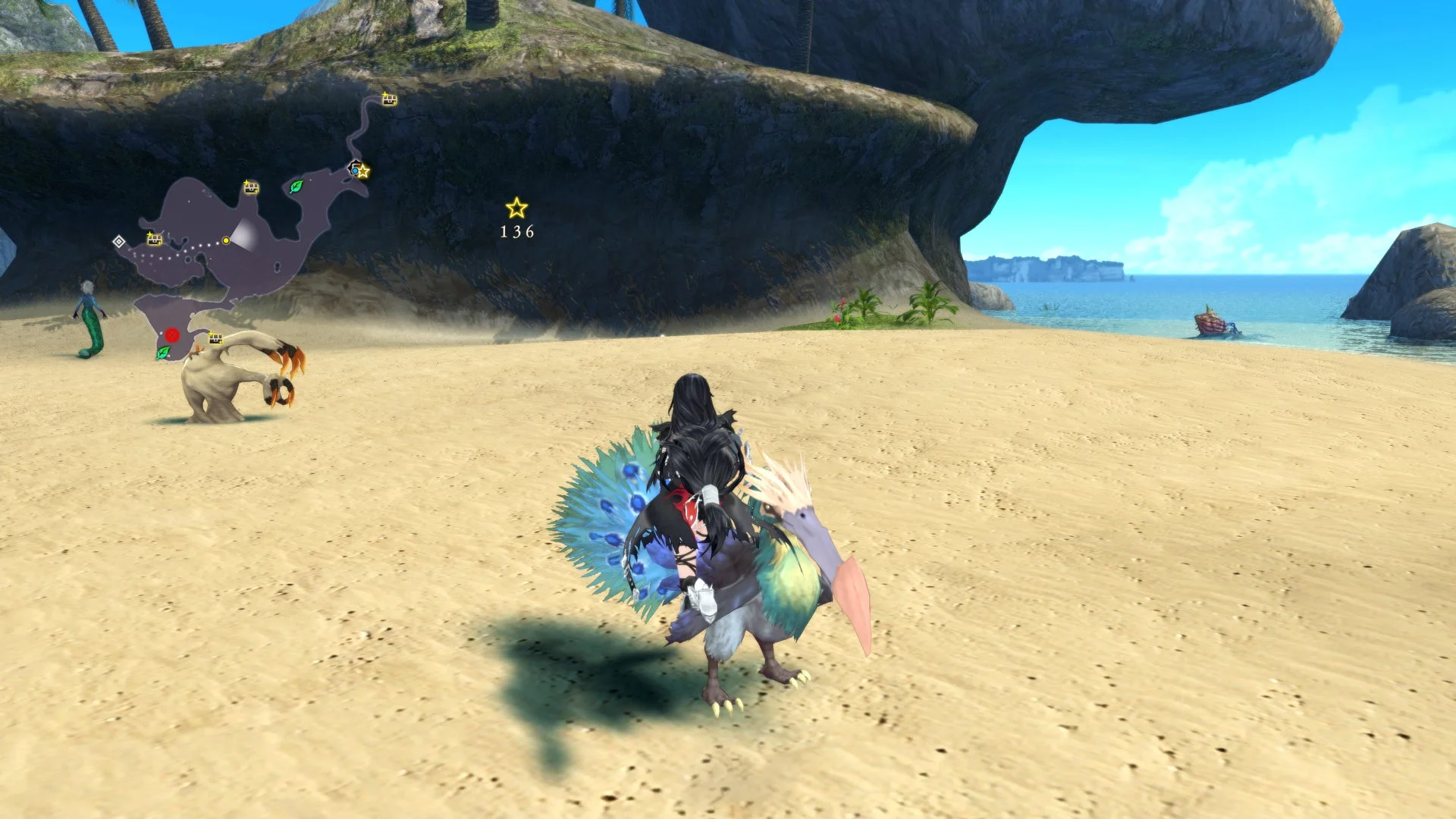 フィールドで鳥に乗って移動するゲーム画面