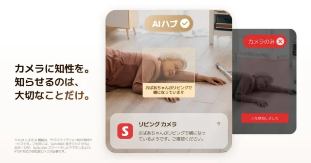 AIハブが映像を理解し「おばあちゃんがリビングで横になっている」とテキスト通知する画面