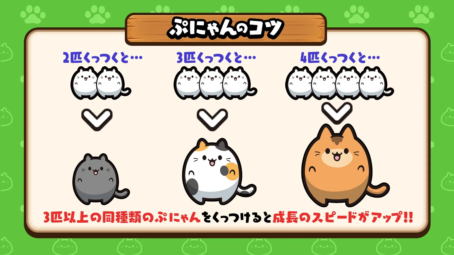 ぷにゃんをくっつける数による成長スピードアップの解説画面