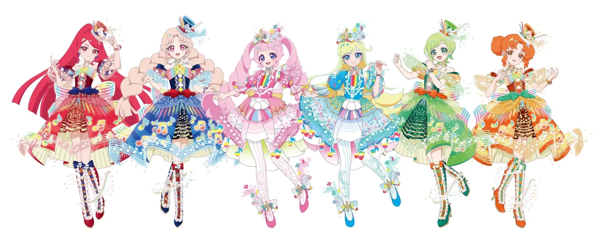 「メロディバズリウムコーデ」を着た6人のキャラクター