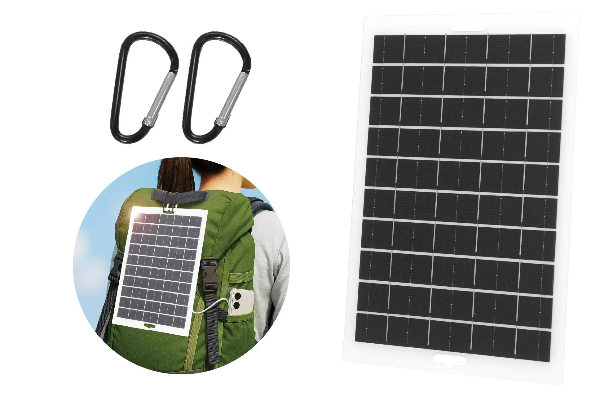 超薄型ソーラーパネル2.5mmとカラビナ、リュックでの使用例