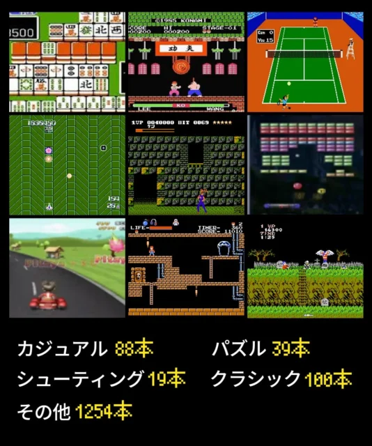 様々なレトロゲーム画面とジャンル別の搭載本数一覧