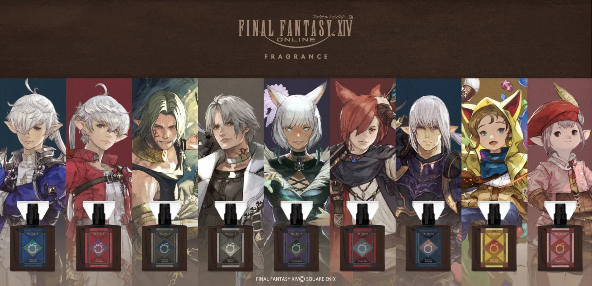 「ファイナルファンタジーXIV」フレグランス第1弾のアルフィノ、アリゼー、ウリエンジェ、サンクレッド、ヤ・シュトラ、グ・ラハ・ティア、エスティニアン、クルル、タタルのボトルとキャラクターイラスト