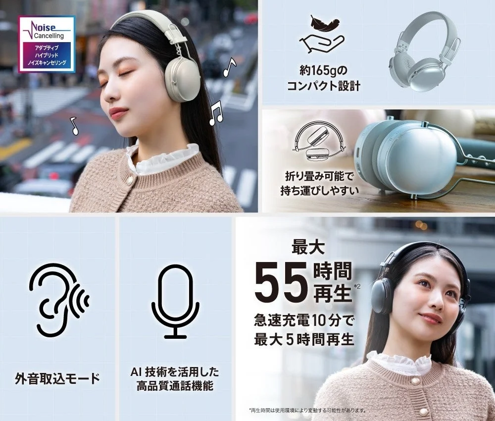 AVIOT WA-Q1ワイヤレスヘッドホンの特徴。レトロデザイン、軽量、高性能ノイズキャンセリング、長時間再生。