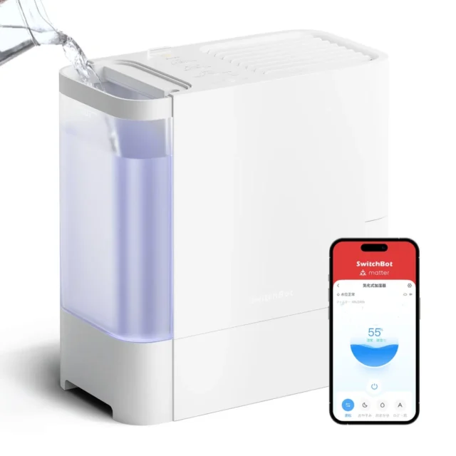 SwitchBot 気化式加湿器とアプリ操作画面