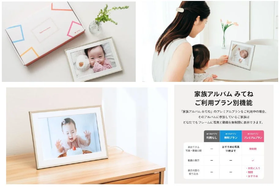 みてねおもいでフォトフレームのパッケージ、使用シーン、利用プラン機能