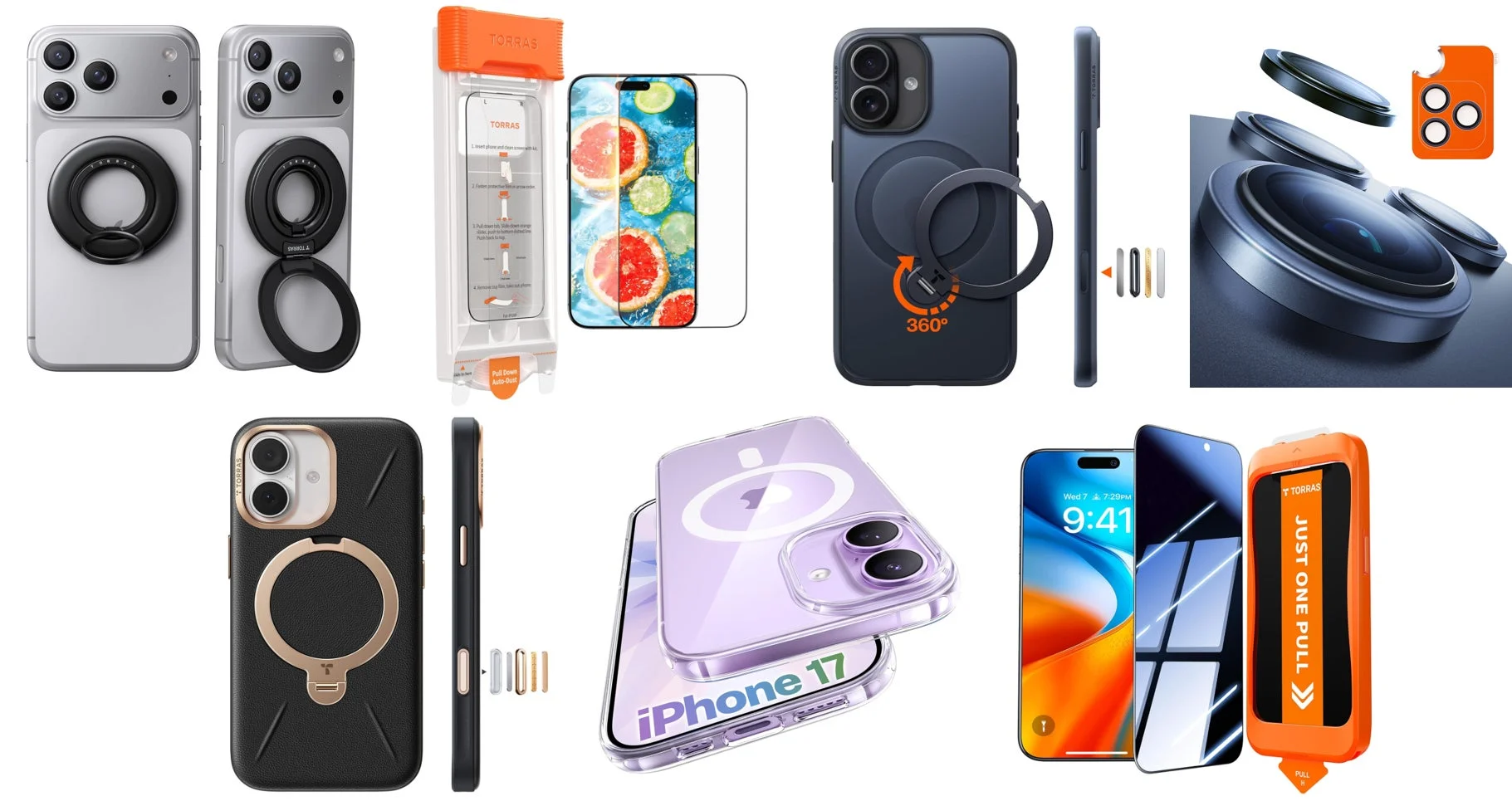 TORRASのスマホケース、ガラスフィルム、レンズフィルム、スマホリングの集合