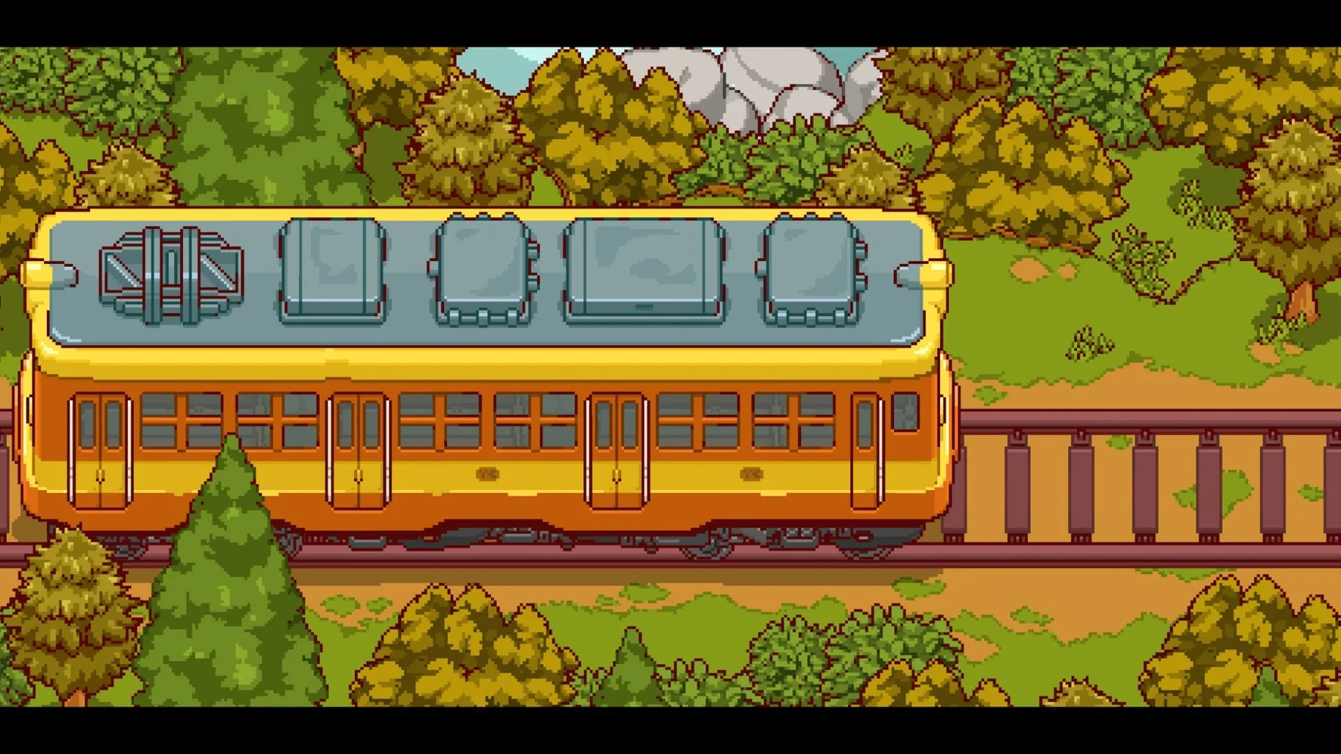 緑豊かな田園風景の中を走る電車のゲーム画面