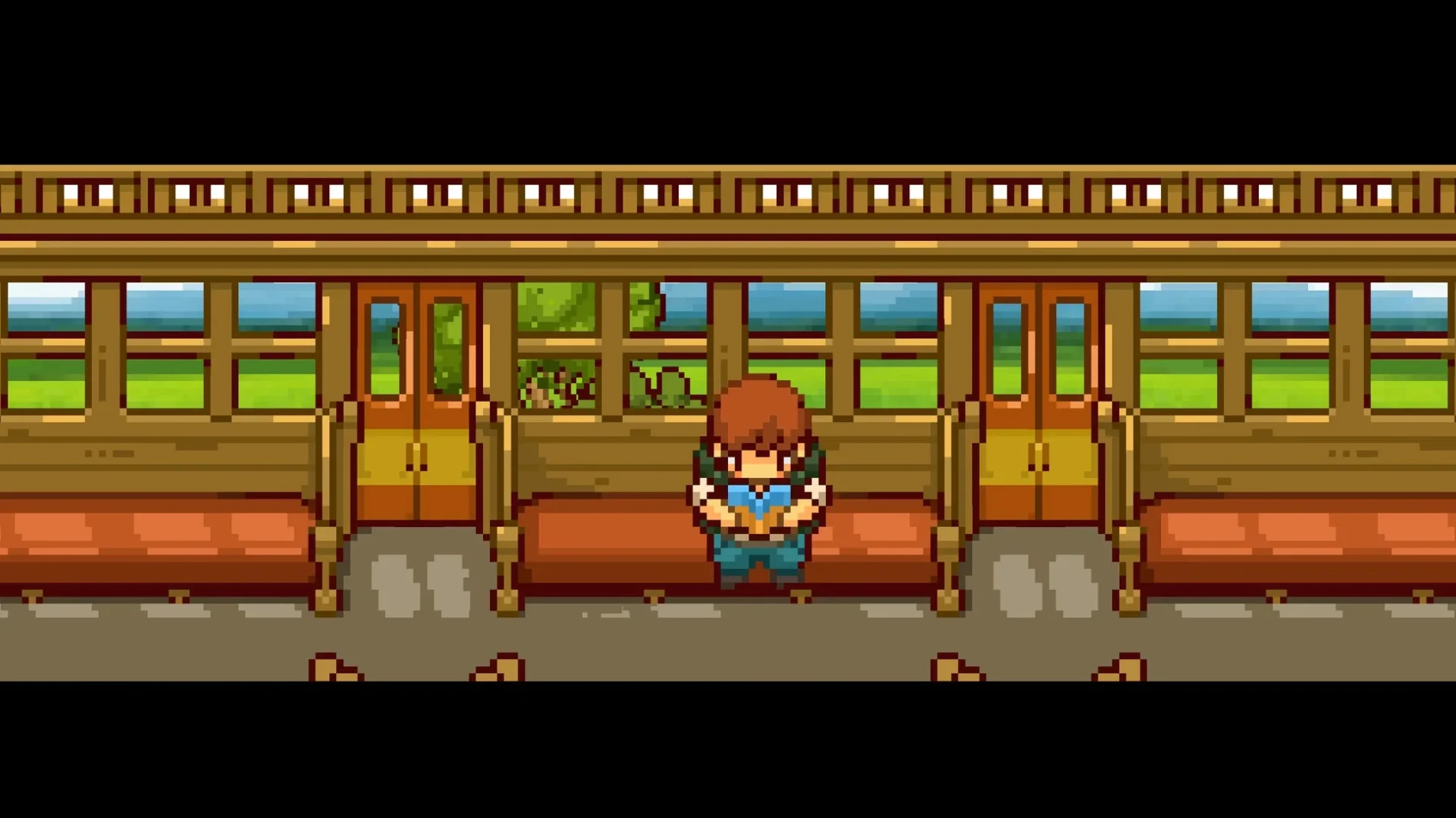 電車の中で座るキャラクターのゲーム画面