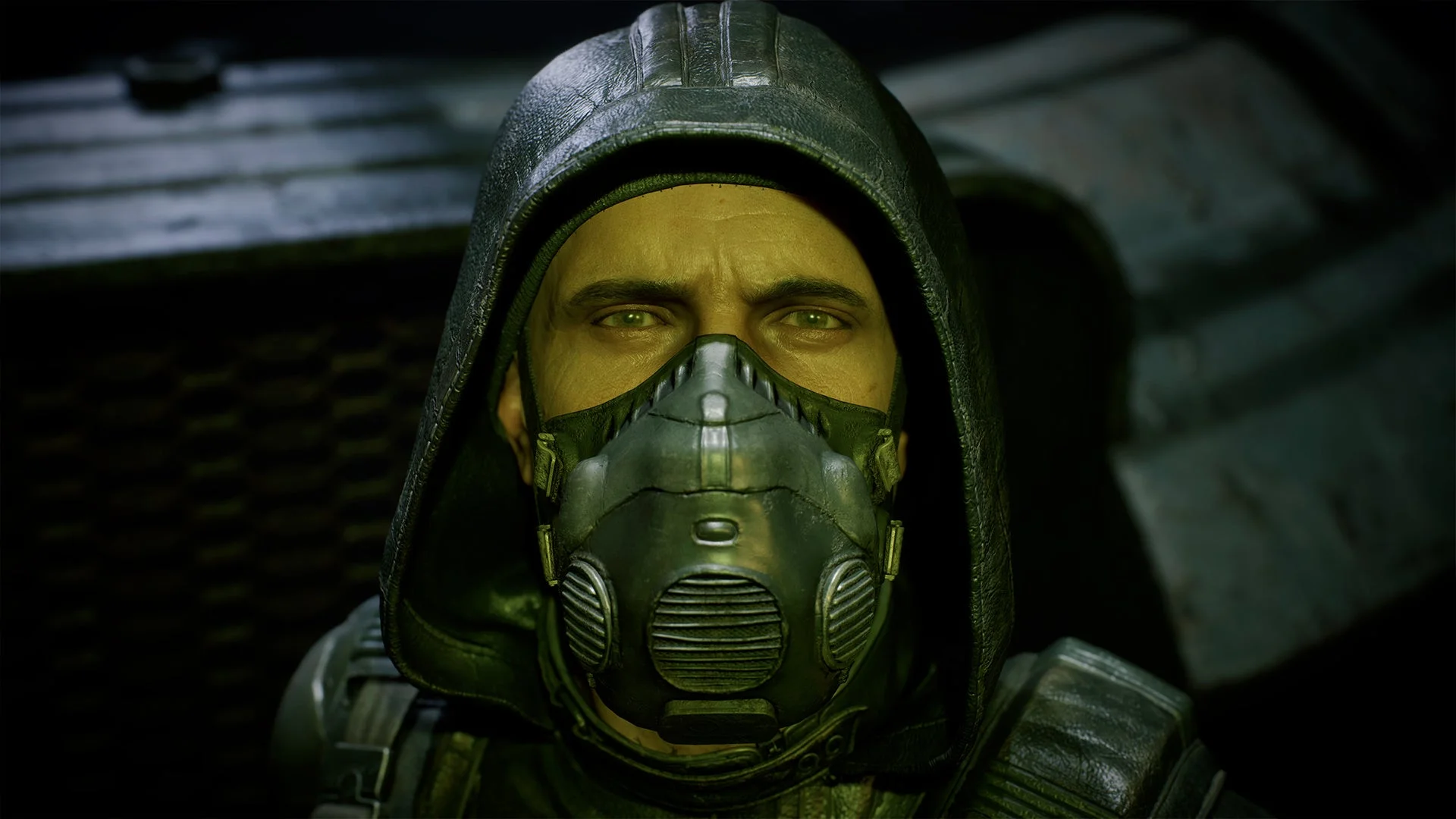 ガスマスクを着用したキャラクターの顔のアップ