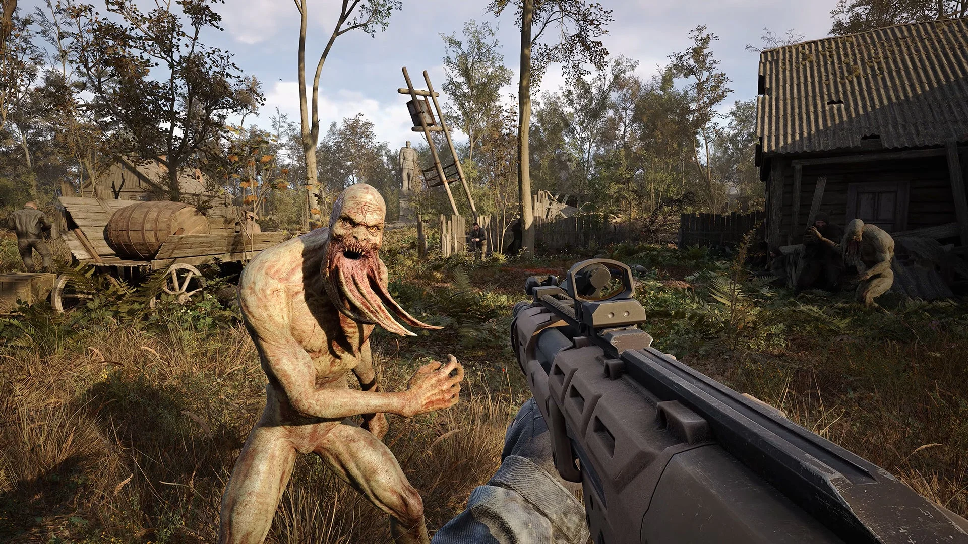 ゲーム内でクリーチャーと対峙するFPS視点戦闘シーン