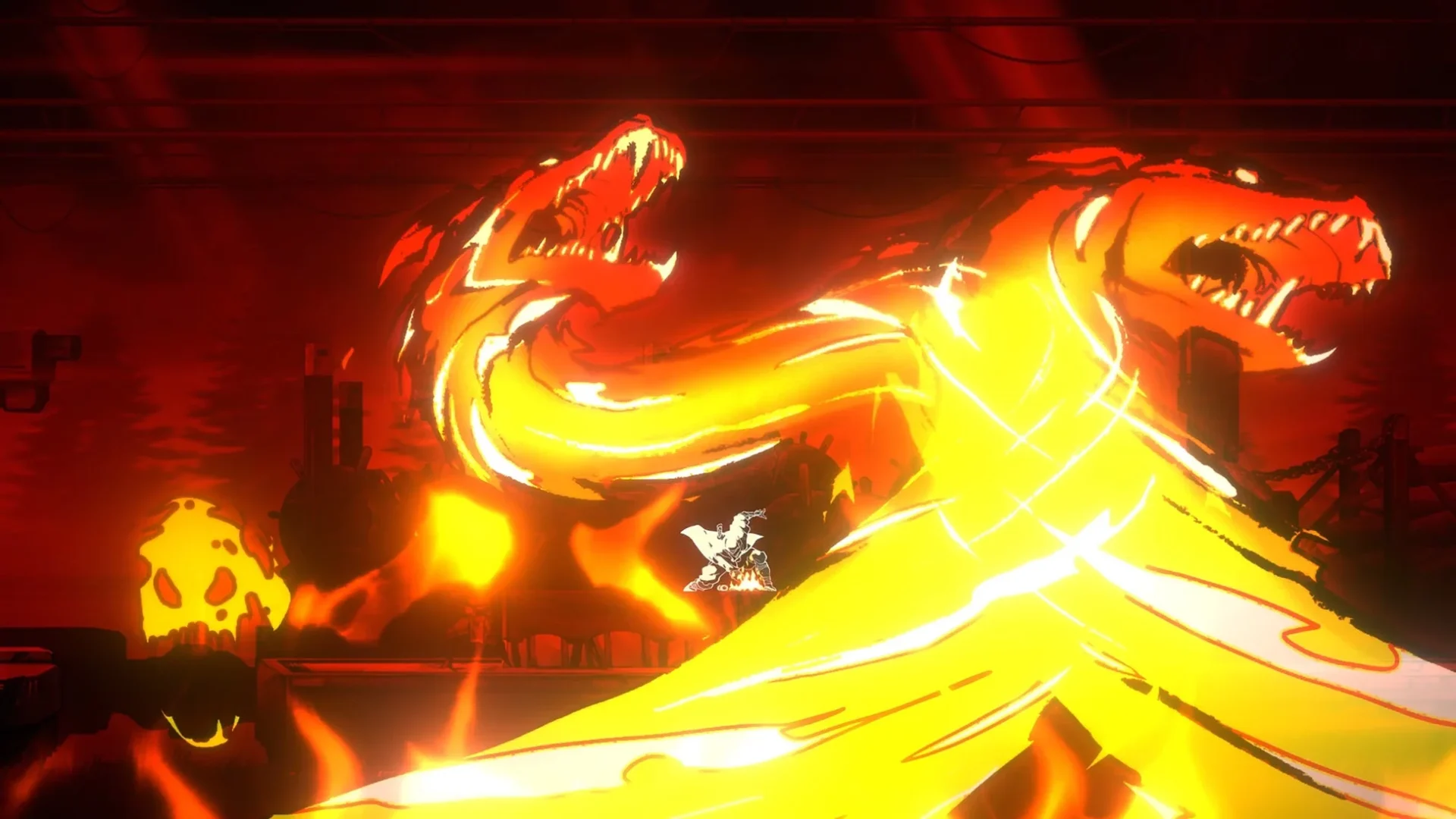 SHINOBI 復讐の斬撃 ゲームプレイ画面 炎の巨大な龍と戦う忍者