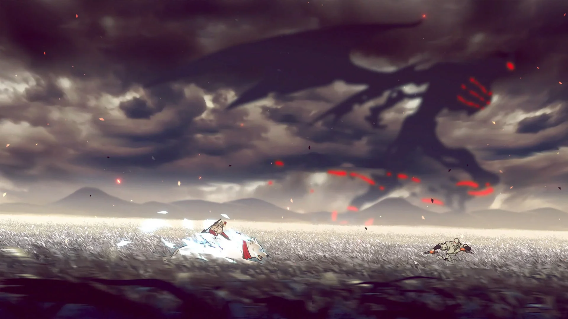 SHINOBI 復讐の斬撃 ゲームプレイ画面 広大な野原で巨大な影と対峙する忍者