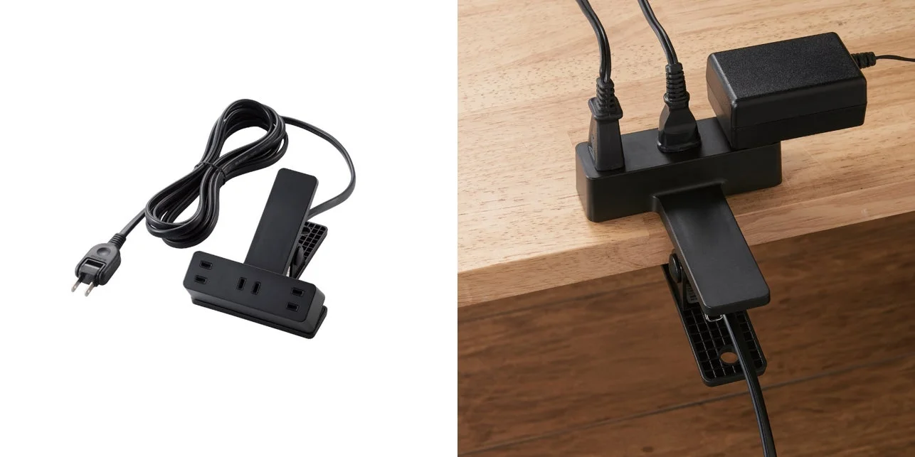 エレコムのシャッター雷ガード付クリップタップ3.0mとデスクでの使用例