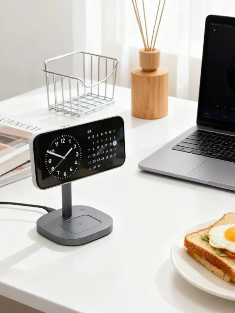 RORRYの3in1ワイヤレス充電器をデスクで使用している様子