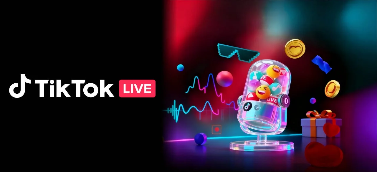 TikTok LIVEのロゴと、音楽クリエイター支援をイメージしたマイクやギフトのイラスト