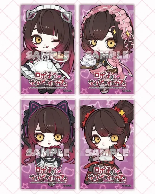 コラボメニュー注文特典の限定名刺サイズカード。ロボ子さんの異なる衣装のイラスト4種。