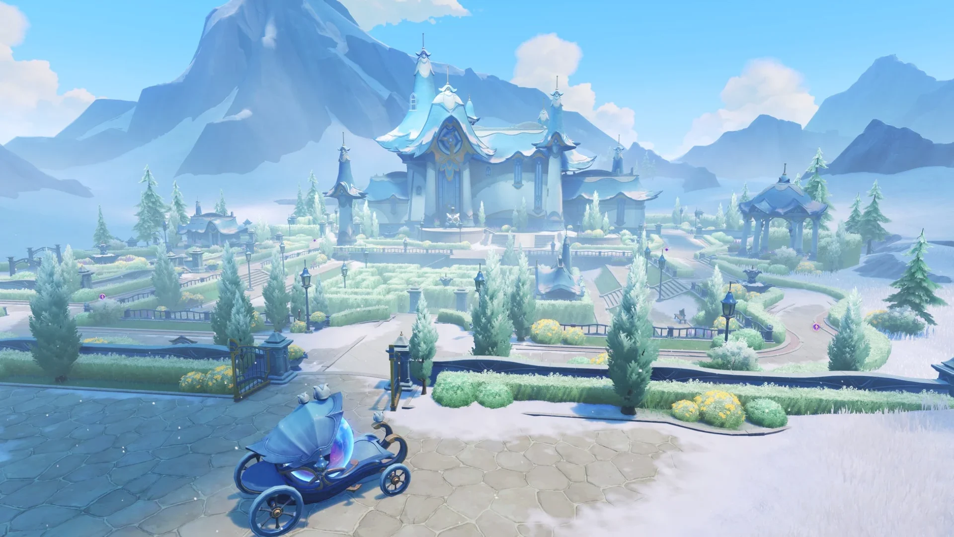 冬のドラゴンスパインにある銀月の庭の風景