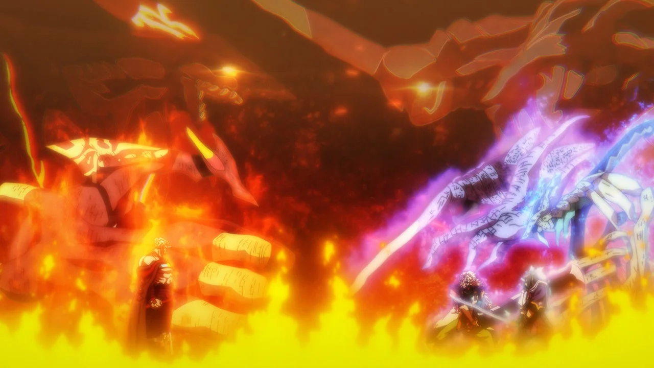 オープニングアニメーションより炎と光が交錯する戦闘シーン