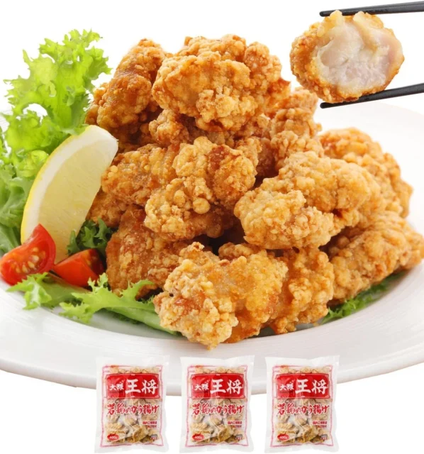 大阪王将 唐揚げ 1.2kgの調理例と冷凍パッケージ