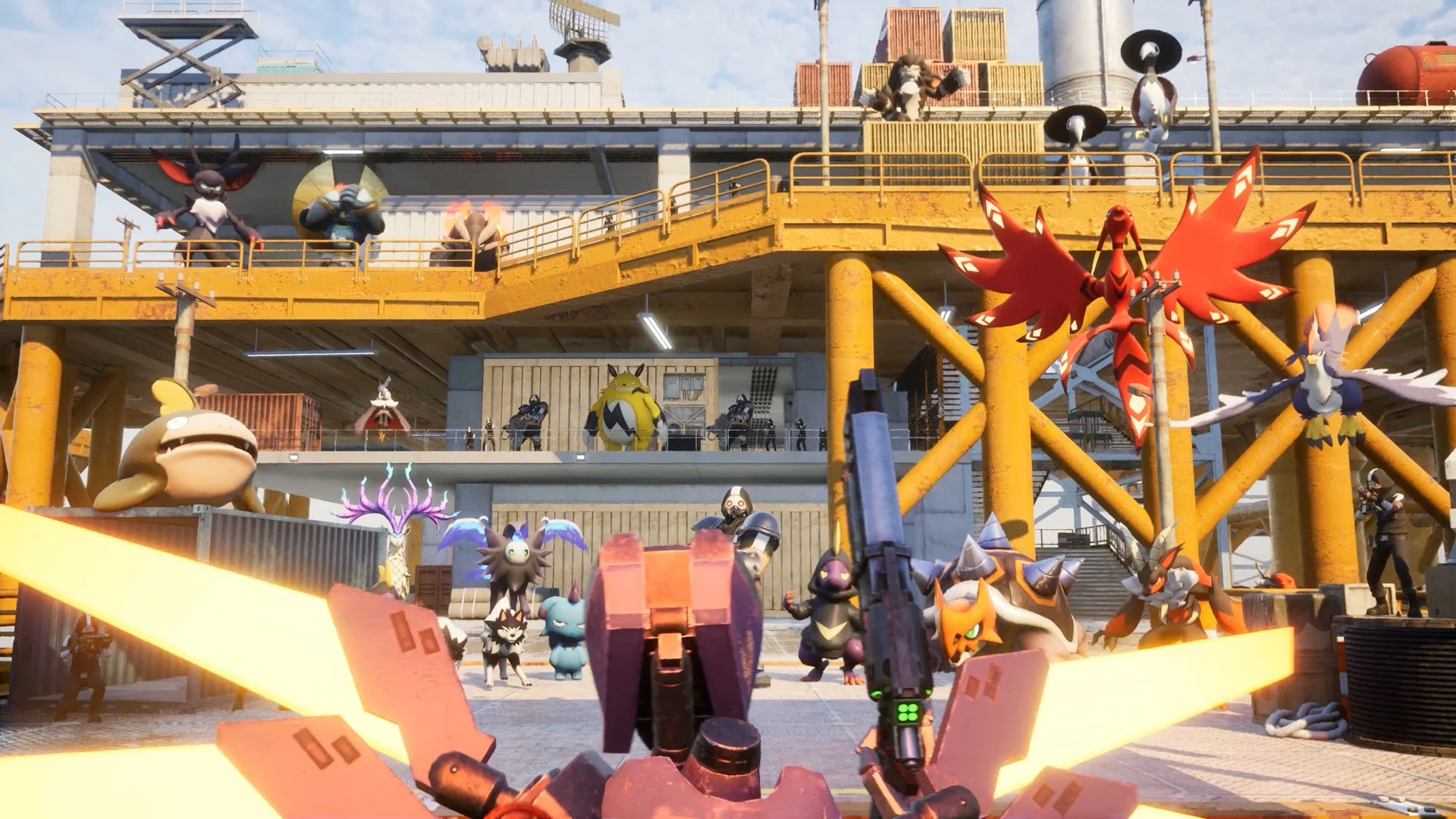 ULTRAKILLコラボスキン「V1」がパルたちと対峙するゲーム画面